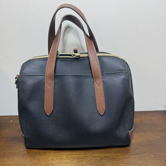 Fossil Sydney Satchel Shoulder Bag Black Brown Leather  Double Handles - Picture 2 of 11
